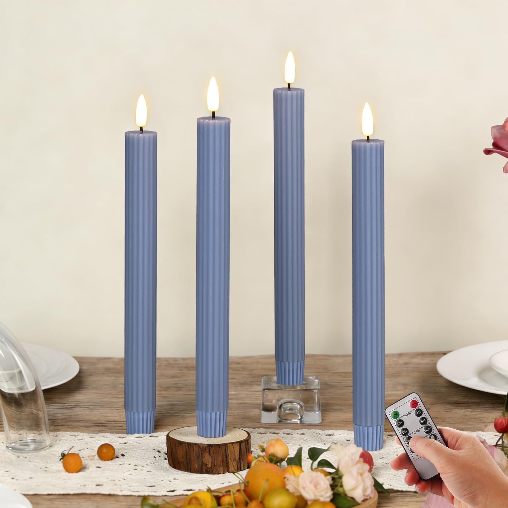 Dusty Blue Ribbed Flameless Taper Candles Remote LED Battery